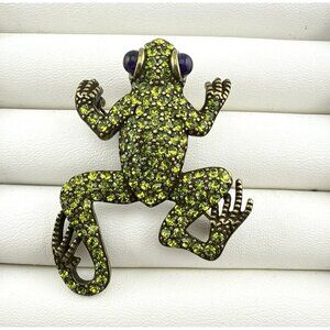 Heidi Daus Brooch Frog Toad Pin Green Kissing Frog Crystal Rhinestone Purple